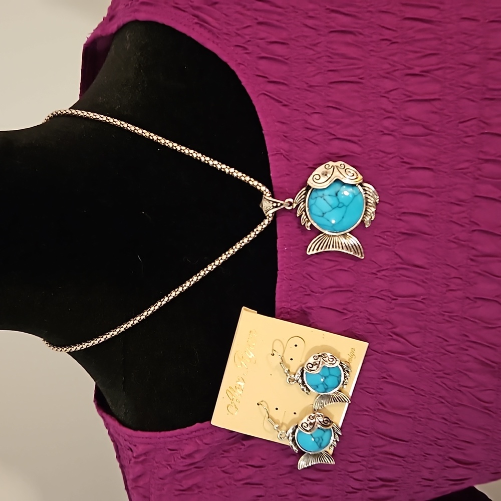 Turquoise & Silver colored Fish Necklace & Earrings - Alex Ryan, by CK Designs